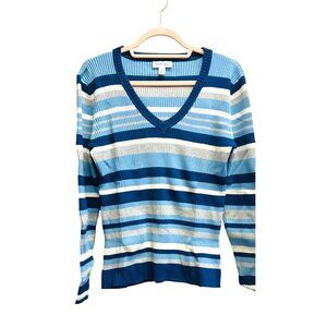 St. John's Bay Women’s LARGE V-Neck Striped Sweater Long Sleeve Blue & White